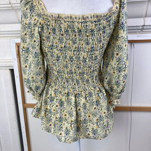 Max Studio butter yellow floral chiffon blouse w/ stretchy bodice long sleeves - Picture 7 of 12